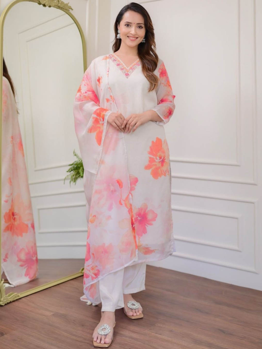 

Siya Fashion Floral Printed Thread Work V Neck Kurta With Trousers And Dupatta, White