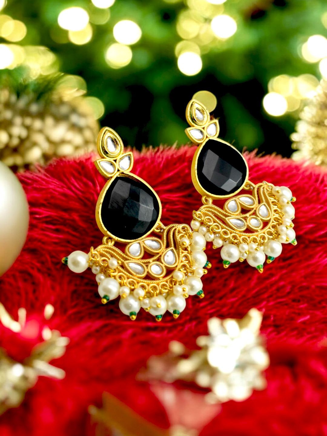 

TISHUL JEWELS Gold-Plated Artificial Stone And Beads Contemporary Drop Earrings