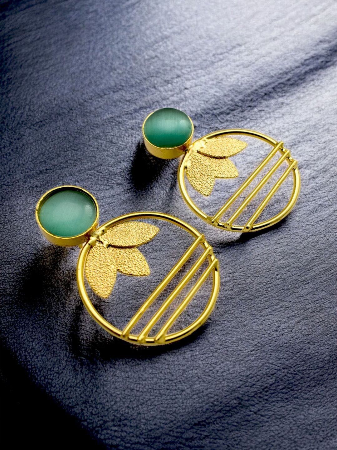 

TISHUL JEWELS Gold-Plated Artificial Stones Studded Contemporary Shaped Drop Earrings, Sea green
