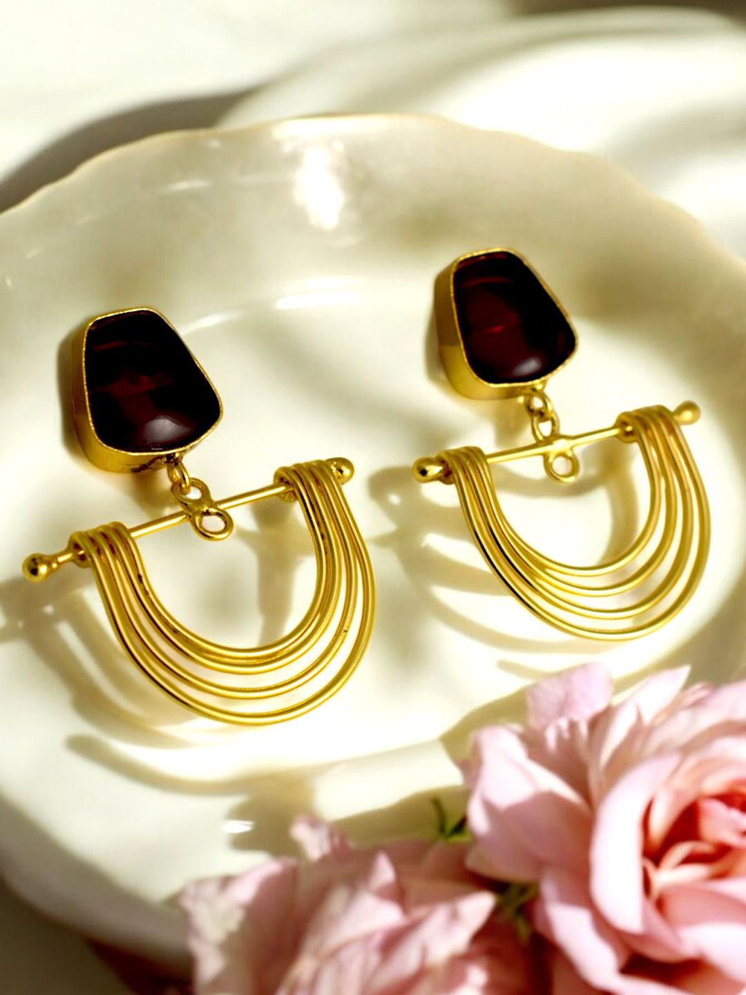 

TISHUL JEWELS Gold-Plated Artificial Stones Studded Contemporary Shaped Drop Earrings, Maroon