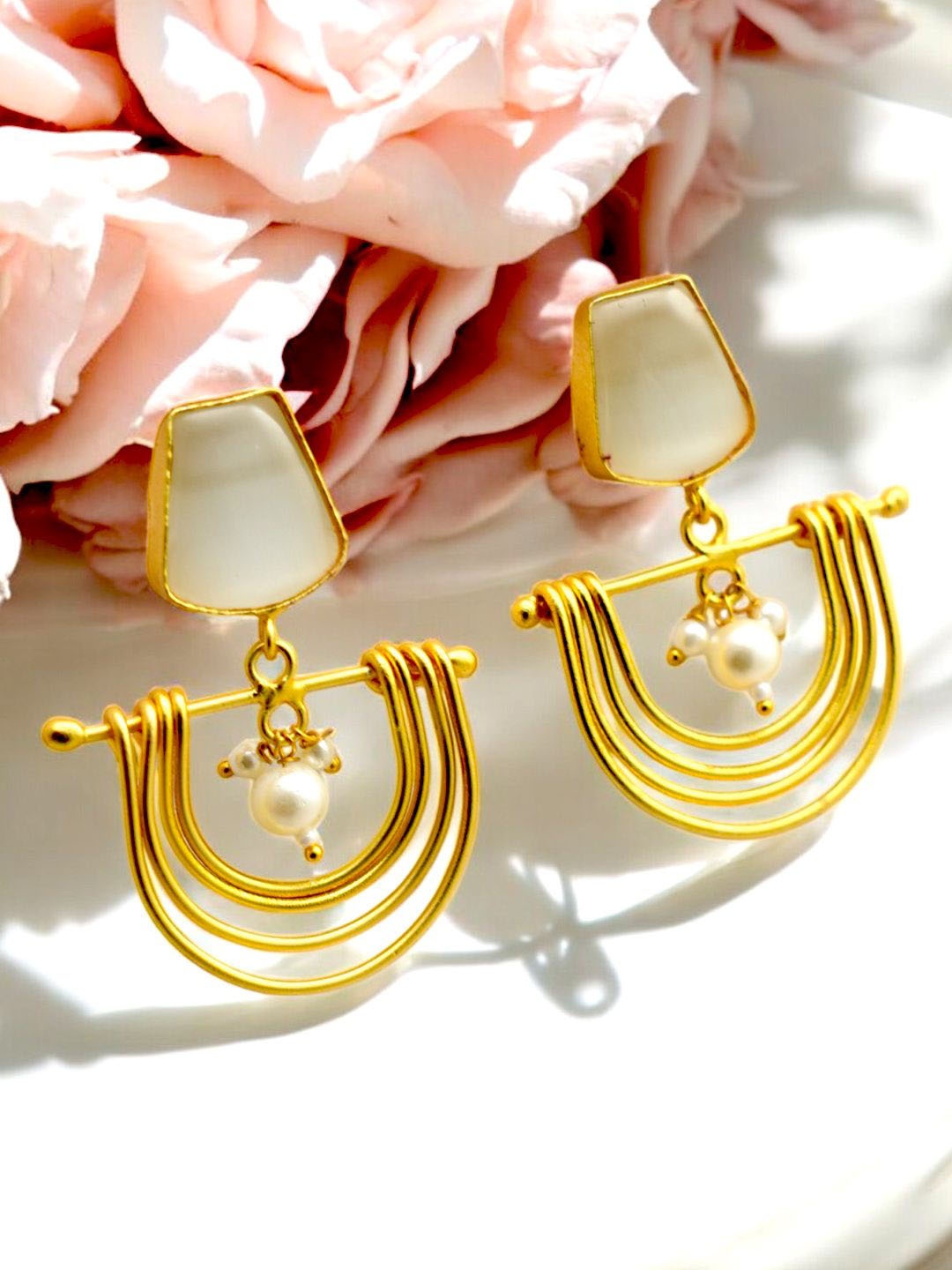 

TISHUL JEWELS Gold-Plated Stone Studded Contemporary Drop Earrings