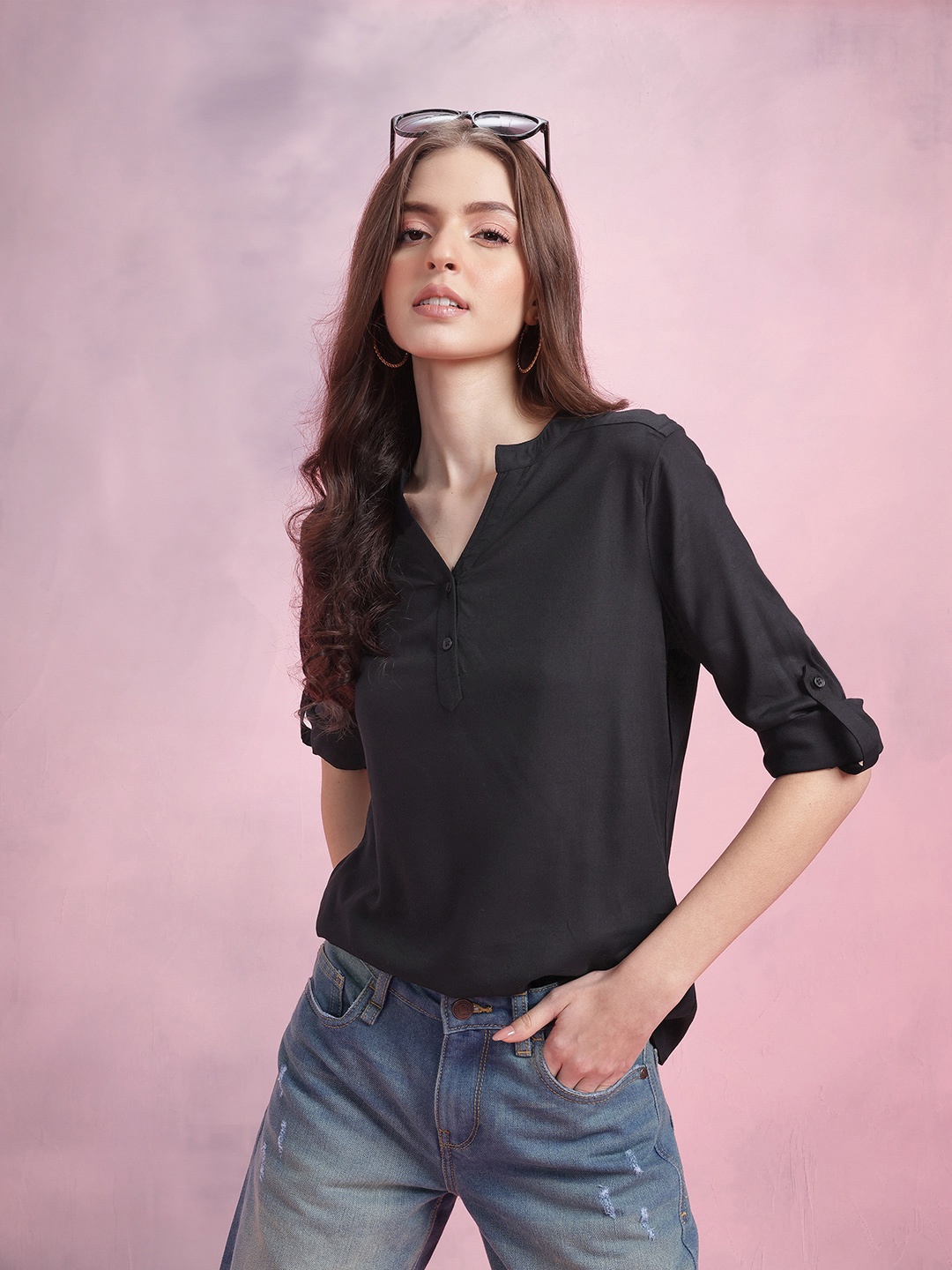 

DressBerry Mandarin Collar Roll-Up Sleeves Top, Black