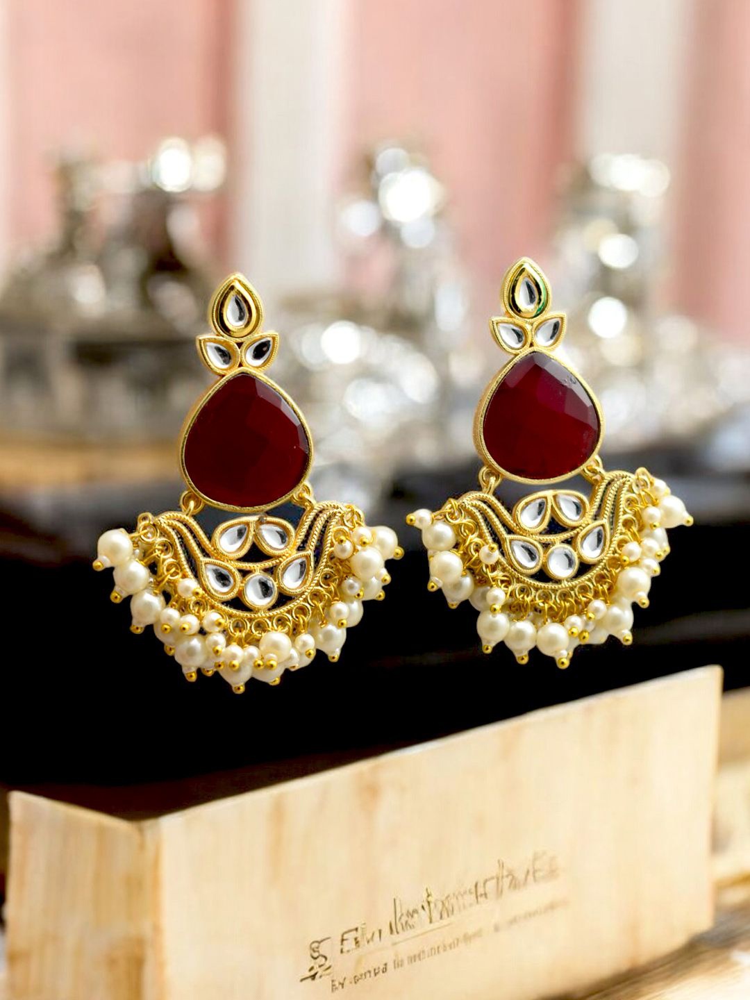 

TISHUL JEWELS Gold-Plated Artificial Stones Studded And Beaded Contemporary Drop Earrings, Maroon