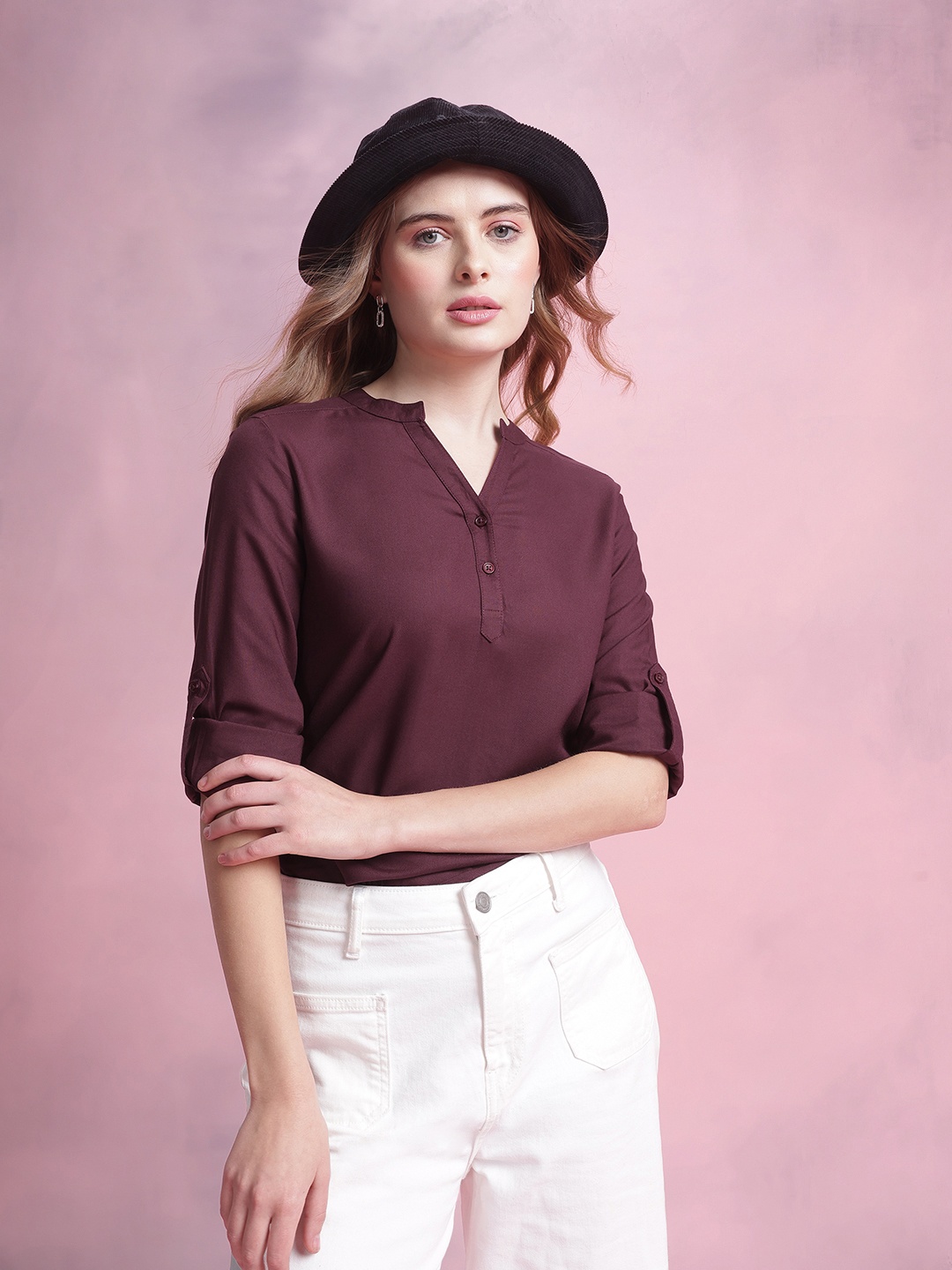 

DressBerry Mandarin Collar Roll-Up Sleeves Top, Burgundy