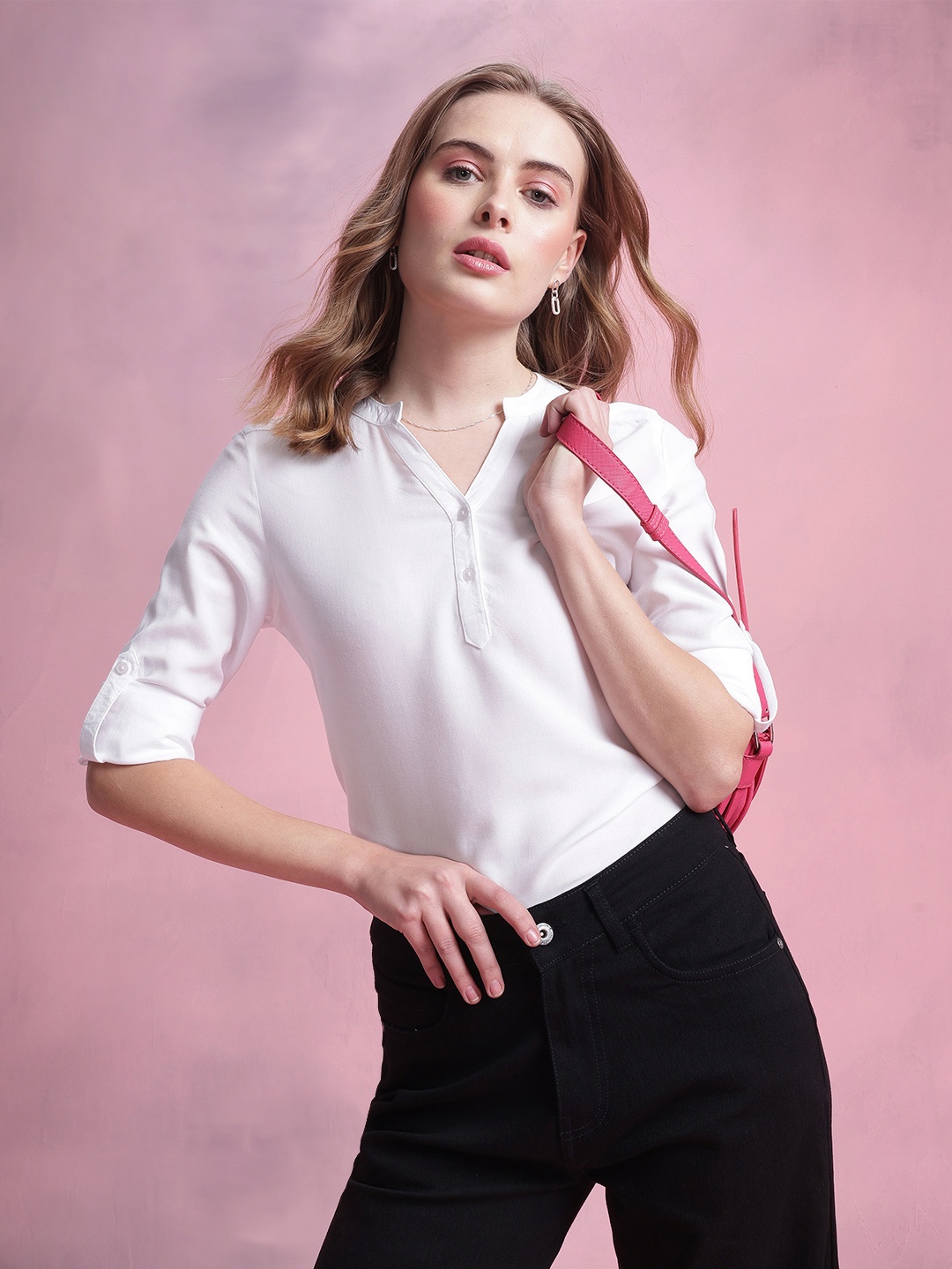 

DressBerry Mandarin Collar Roll-Up Sleeves Top, White