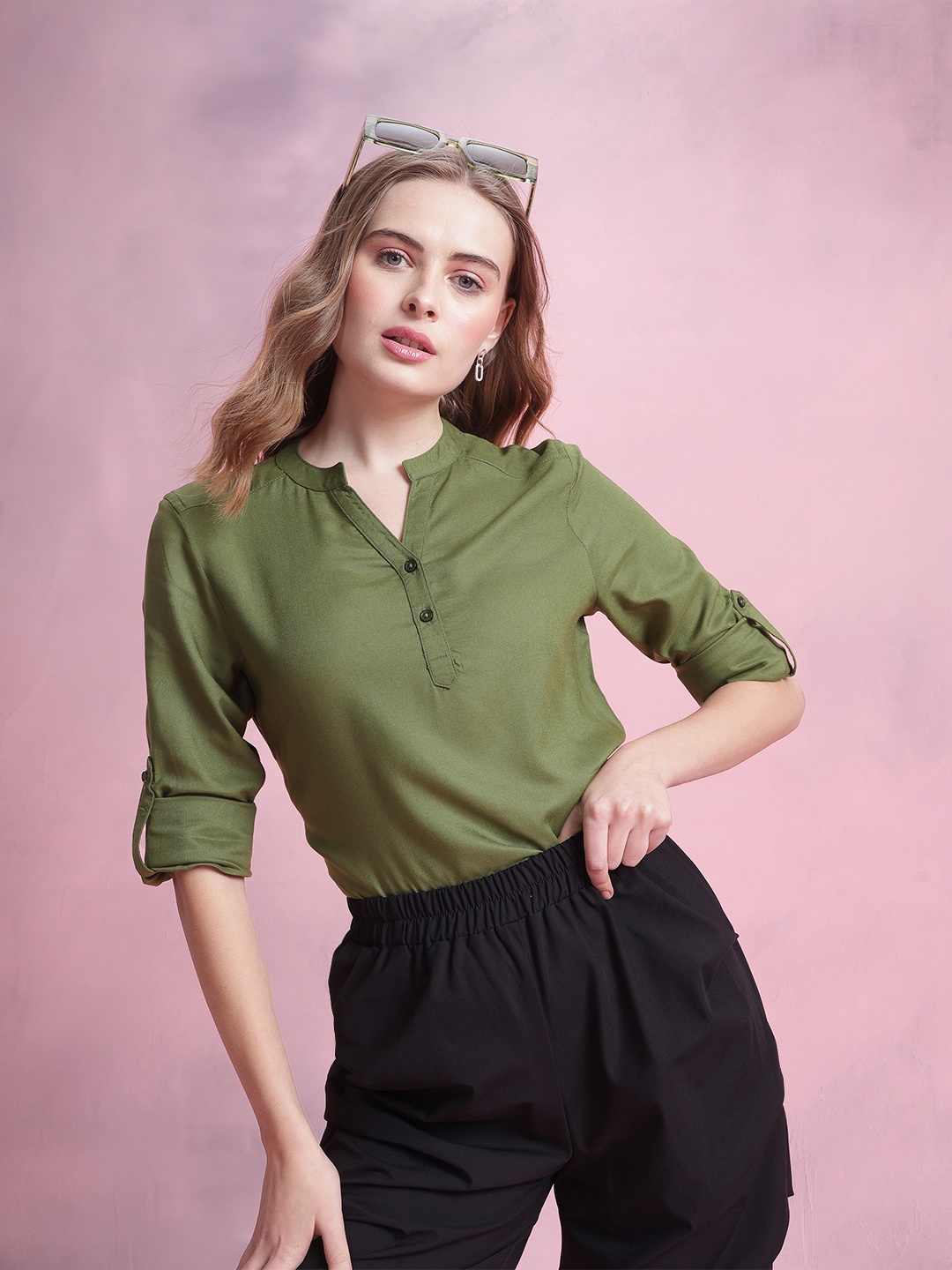 

DressBerry Mandarin Collar Roll-Up Sleeves Top, Olive