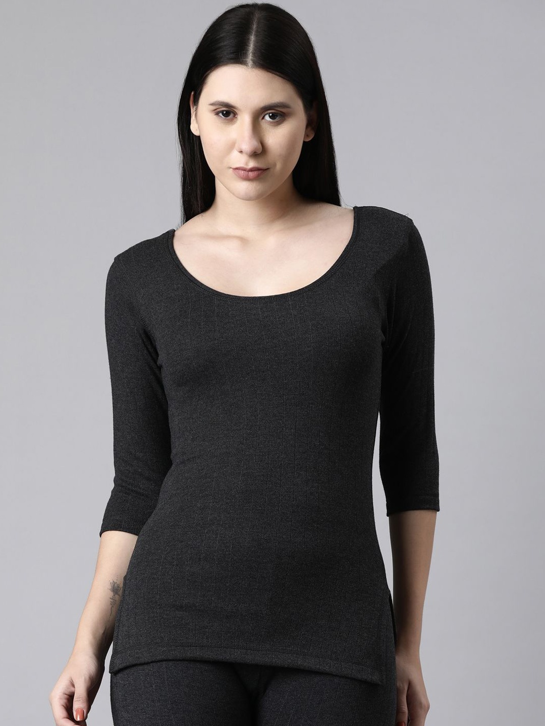 

DIXCY SCOTT Women Solid Round Neck Three-Quarter Sleeves Thermal Top, Grey