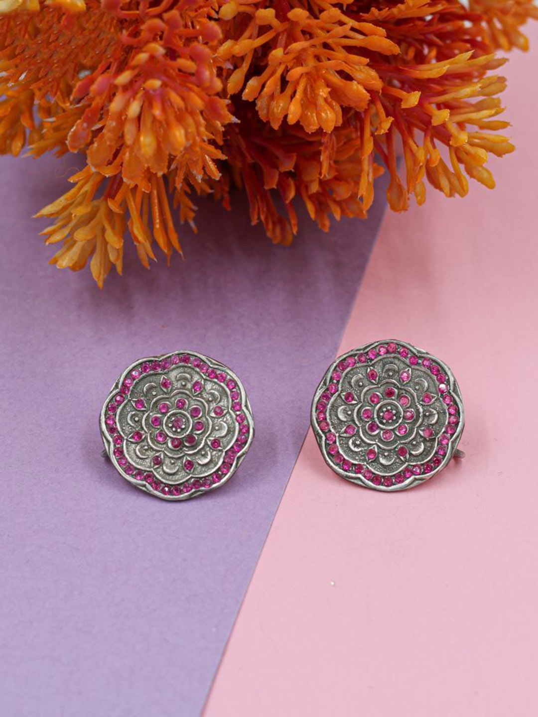 

SANGEETA BOOCHRA 925 Sterling Silver-Plated Crystals Studded Floral Studs Earrings, Pink