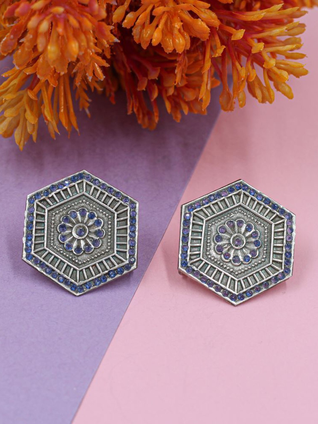 

SANGEETA BOOCHRA Silver-Plated Artificial Stones Studded Geometric Studs
