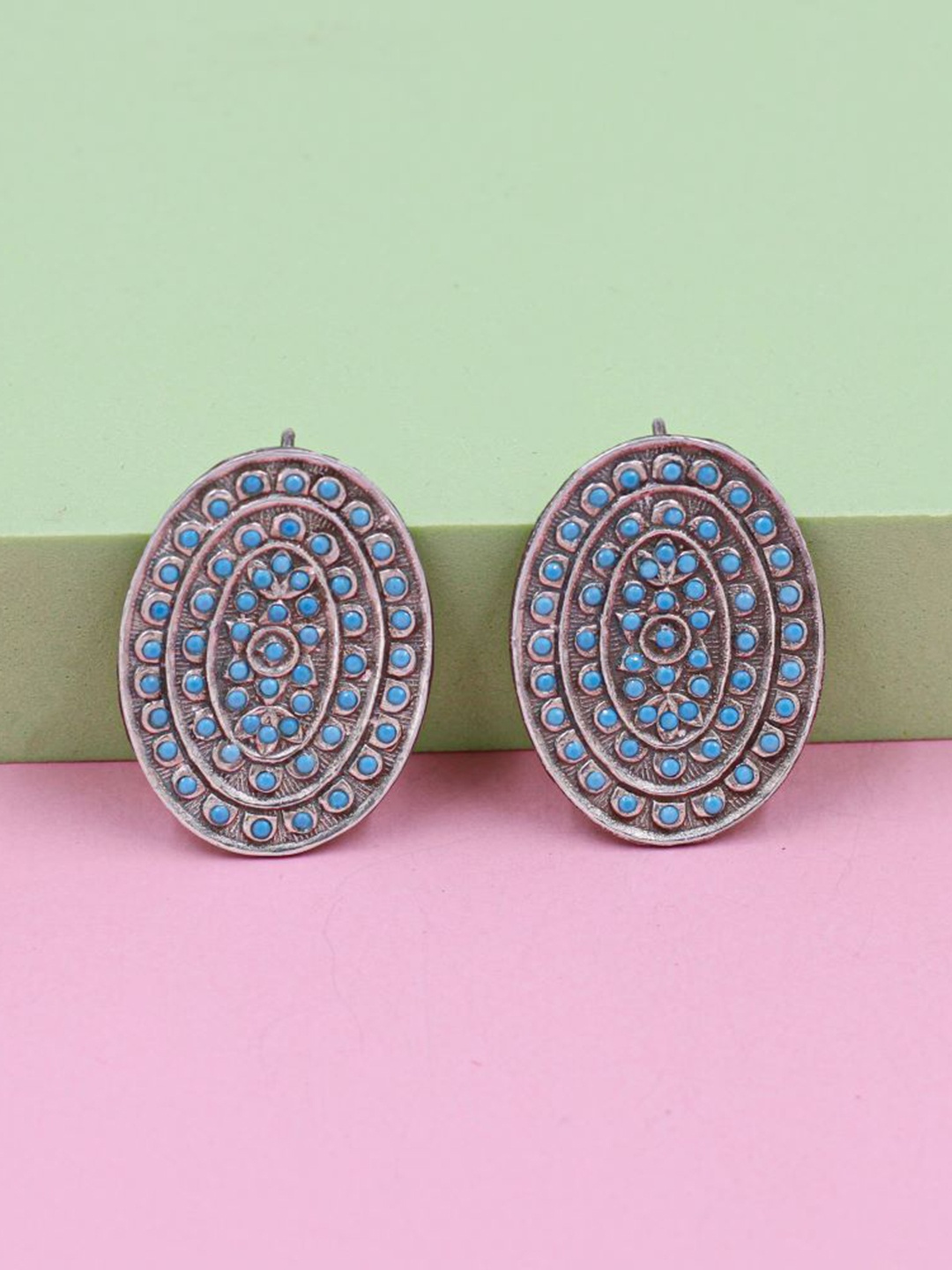 

SANGEETA BOOCHRA 925 Sterling Silver-Plated Crystals Studded Oval Studs Earrings, Blue