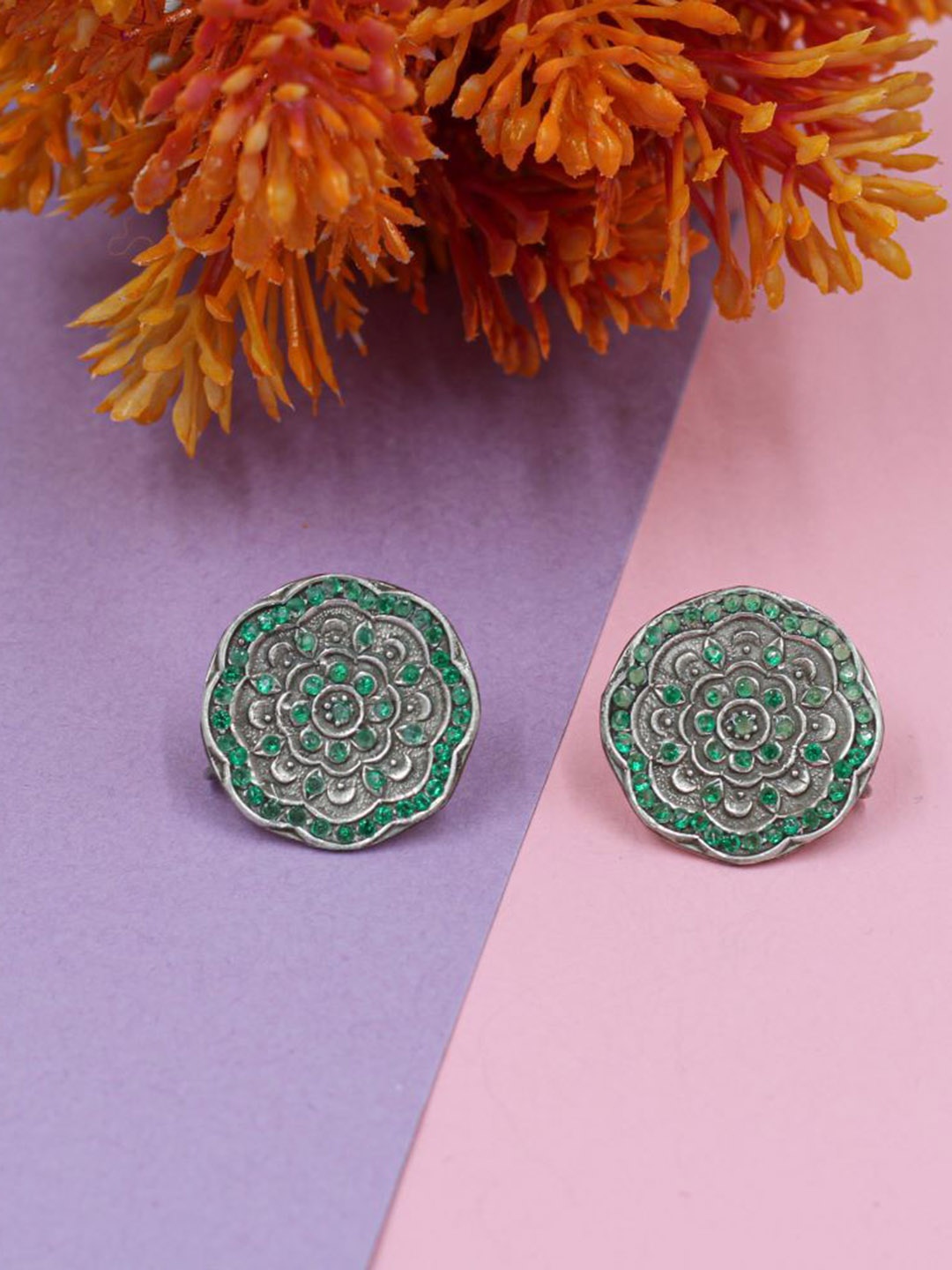 

SANGEETA BOOCHRA Silver-Plated Artificial Stones Studded Floral Studs