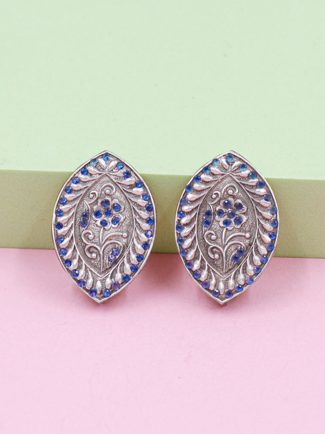 

SANGEETA BOOCHRA 925 Sterling Silver-Plated Crystals Studded Leaf Shaped Studs Earrings, Navy blue