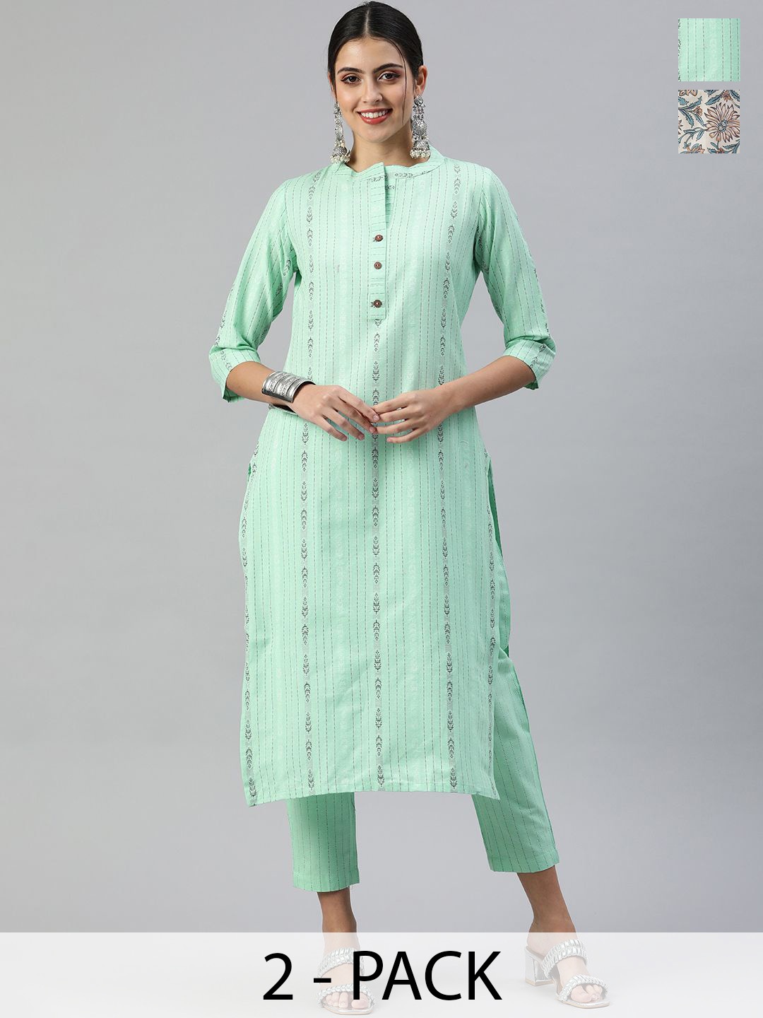 

KALINI Selection Of 2 Striped Woven Design Mandarin Collar Straight Kurta With Trousers, Green