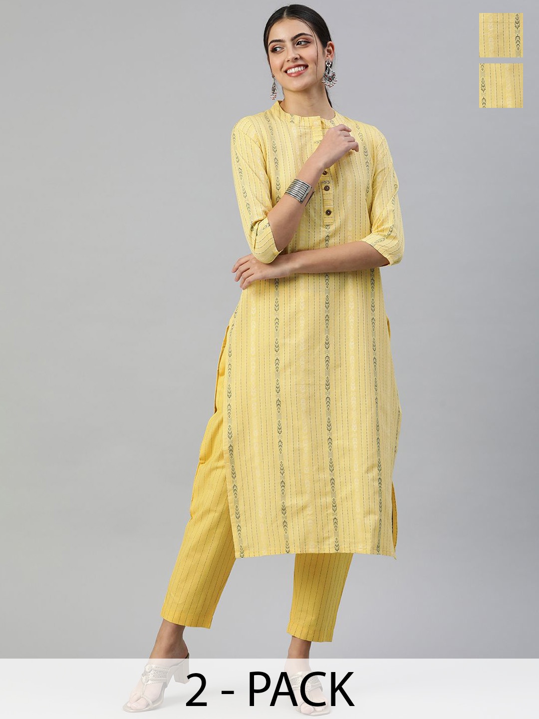 

KALINI Selection Of 2 Striped Mandarin Collar Straight Kurta With Trousers, Yellow