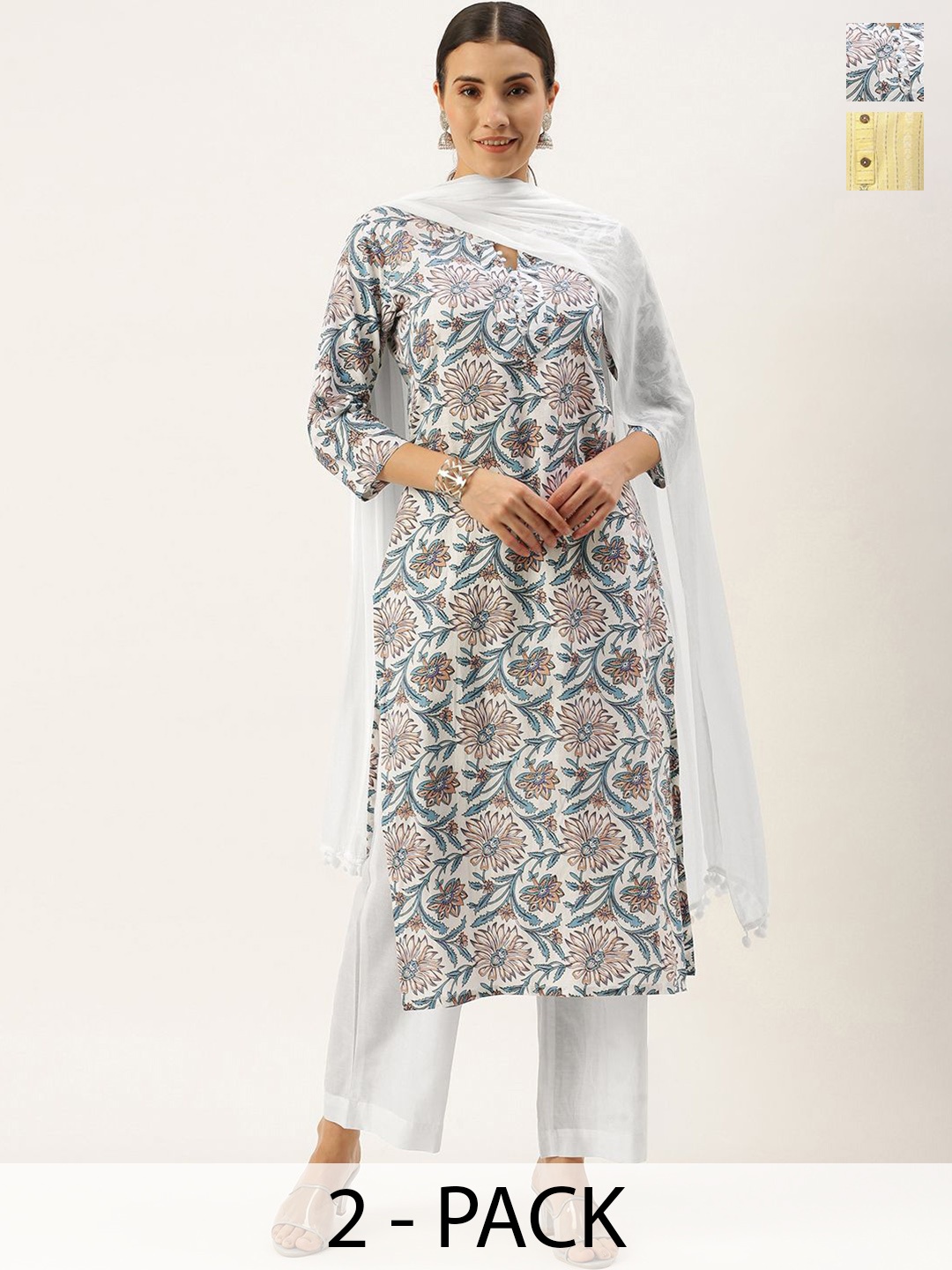 

KALINI Pack Of 2 Floral Printed Key Hole Neck Straight Kurta With Trousers, White