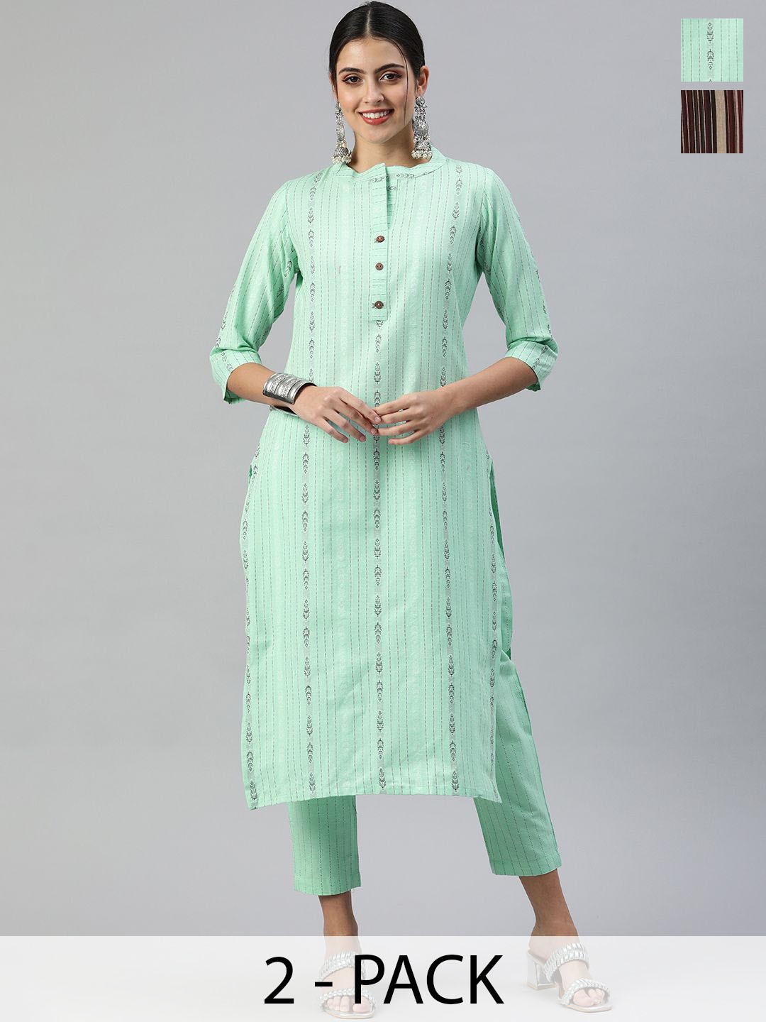 

KALINI Selection Of 2 Striped Mandarin Collar Straight Kurta With Trousers, Green