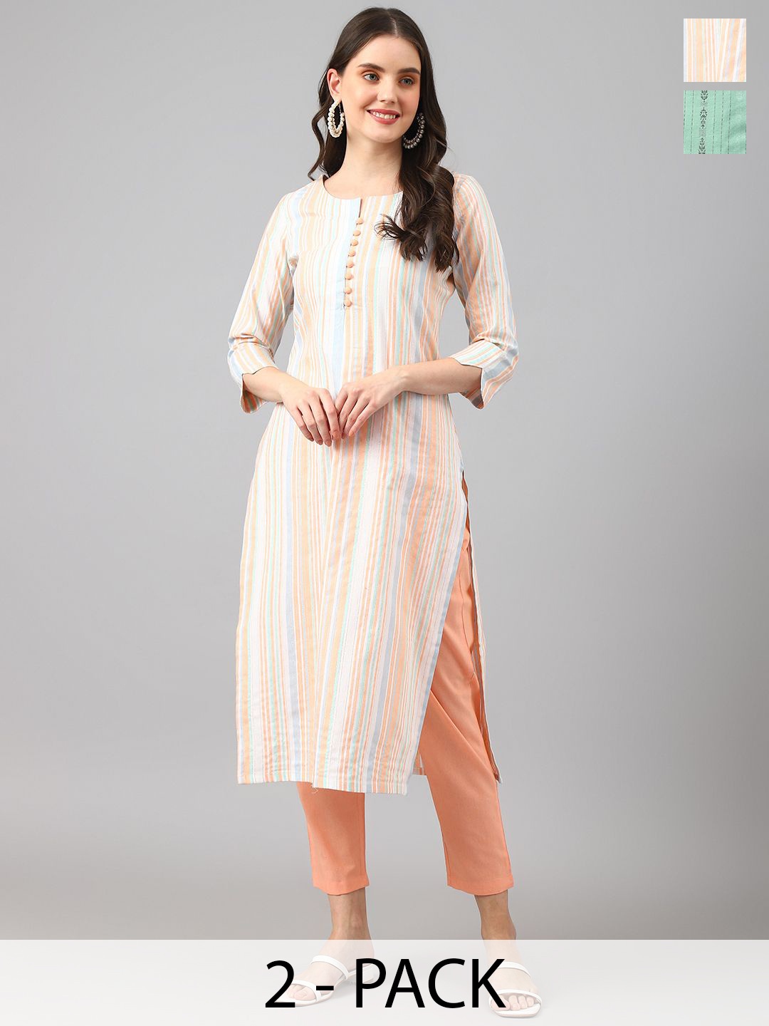 

KALINI Selection of 2 Striped Notch Neck Straight Kurtas With Trousers, White