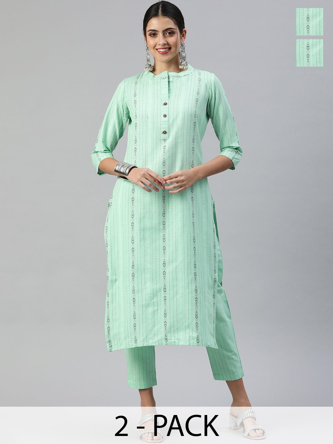 

KALINI Selection Of 2 Striped Woven Design Mandarin Collar Straight Kurta With Trousers, Green