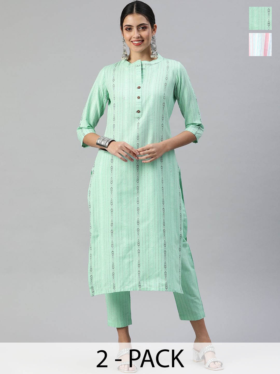 

KALINI Selection Of 2 Striped Woven Design Mandarin Collar Straight Kurta With Trousers, Green