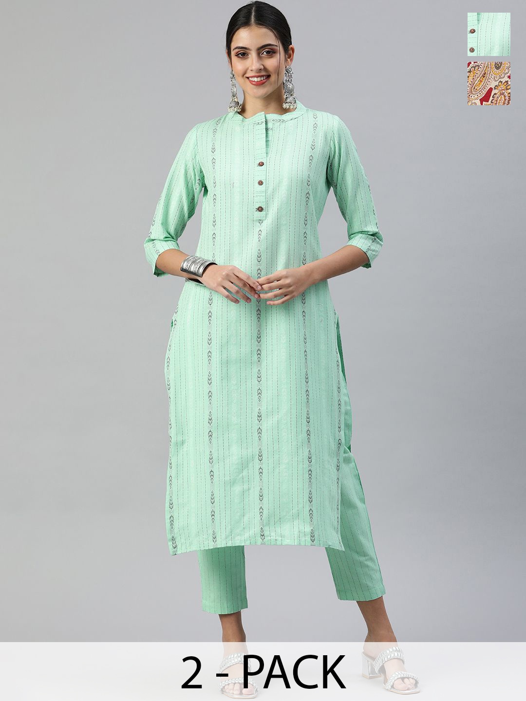 

KALINI Selection Of 2 Striped Mandarin Collar Straight Kurta With Trousers, Green
