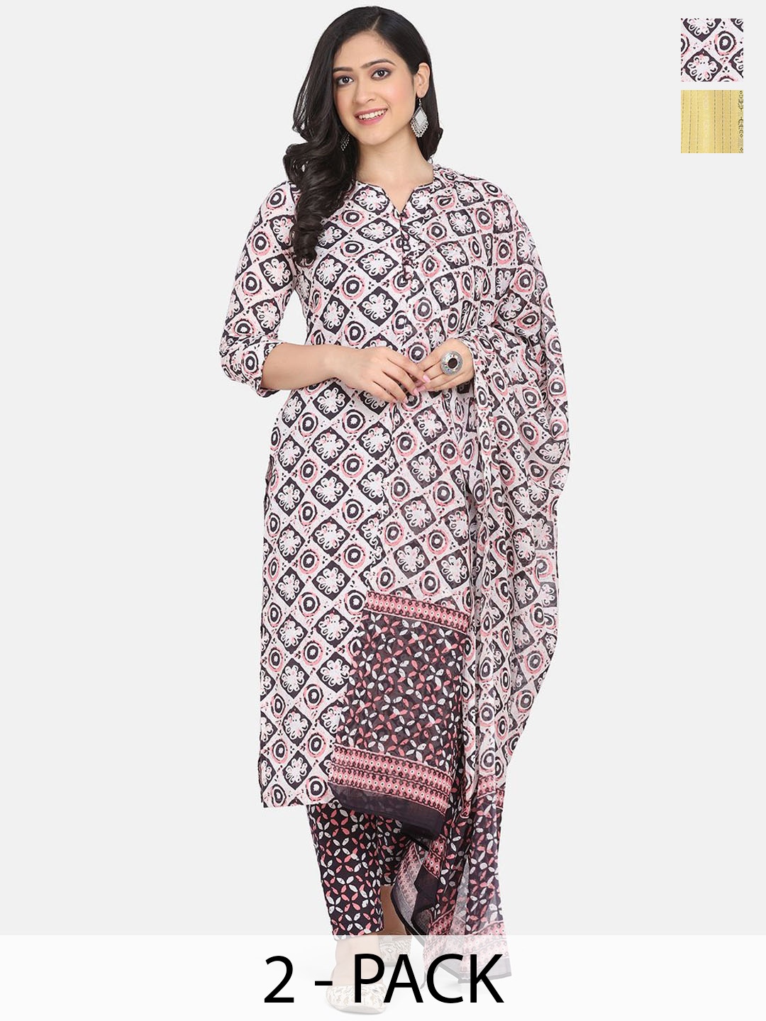 

KALINI Selection of 2 Floral Printed Notch-Neck Straight Kurta With Trousers, White