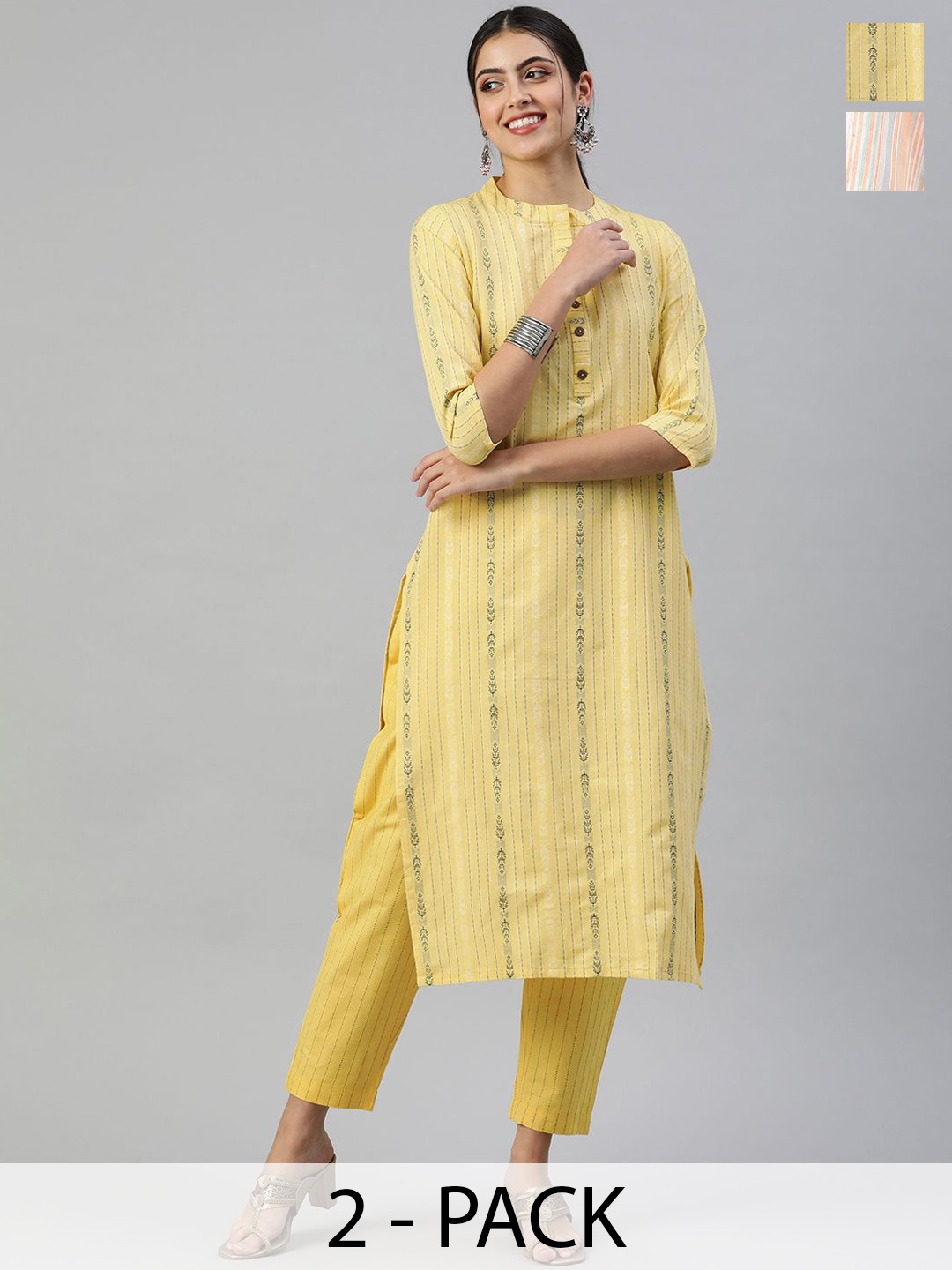 

KALINI Selection Of 2 Striped Woven Design Mandarin Collar Straight Kurta With Trousers, Yellow