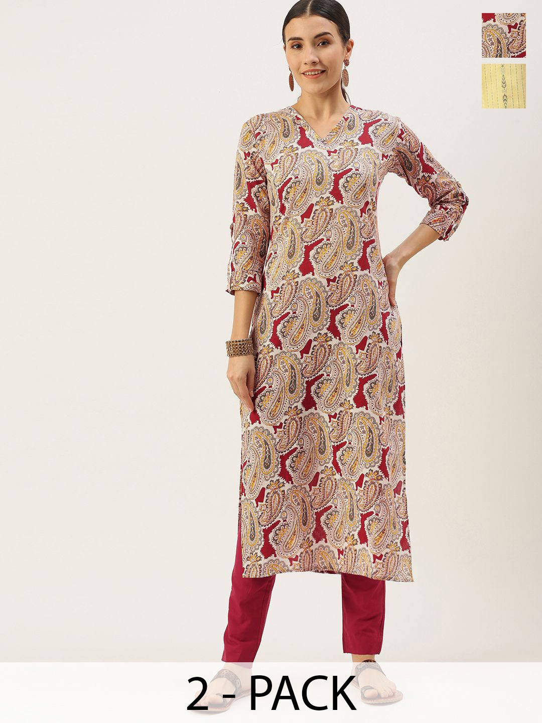 

KALINI Selection Of 2 Paisley Printed V-Neck Straight Kurta With Trousers, Beige