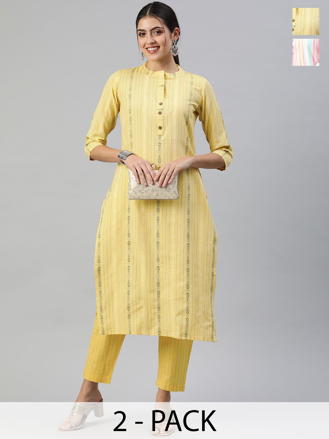 

KALINI Selection of 2 Striped Mandarin Collar Straight Kurta With Trousers, Yellow