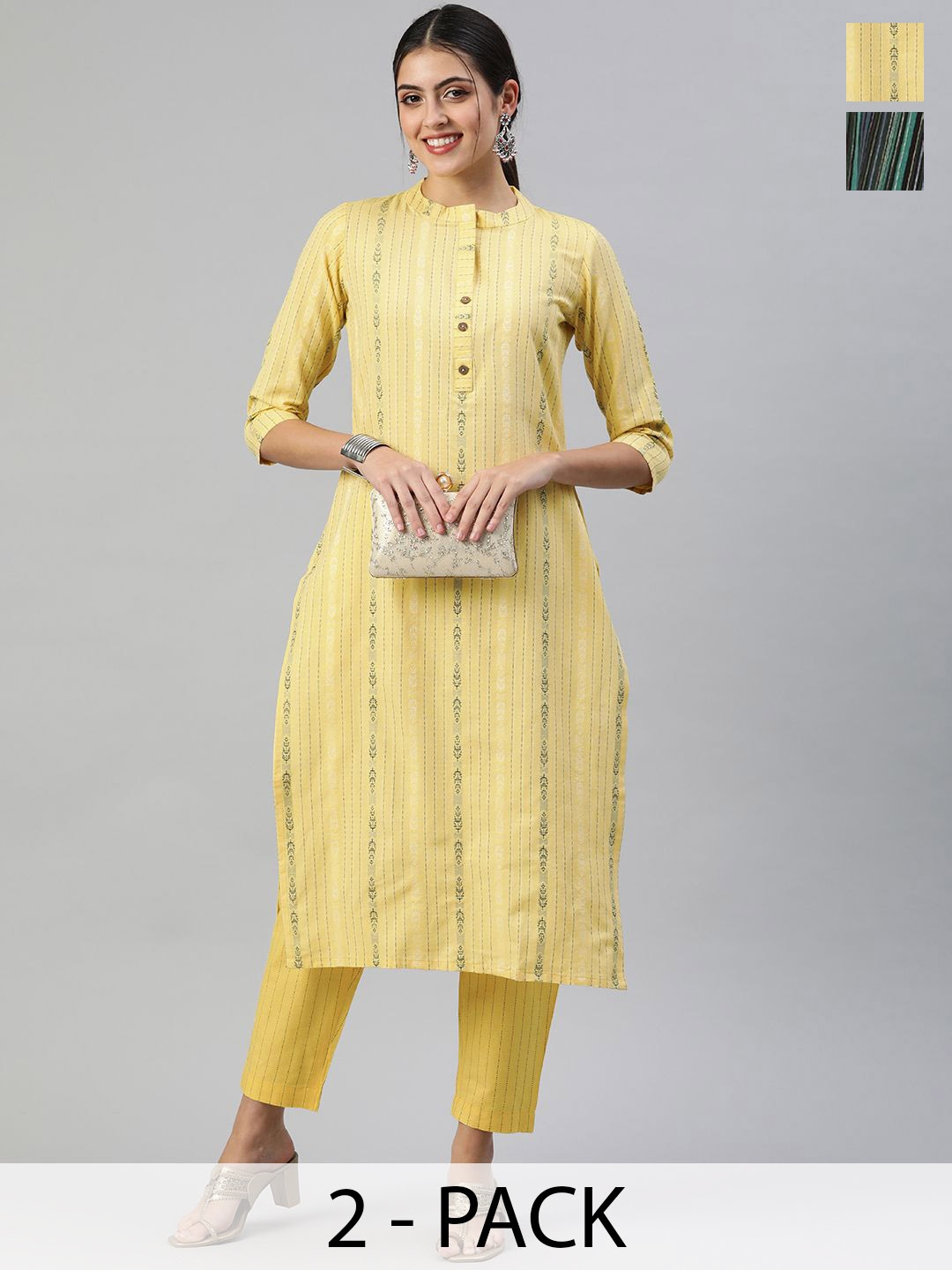 

KALINI Selection of 2 Striped Mandarin Collar Straight Kurta With Trousers, Yellow