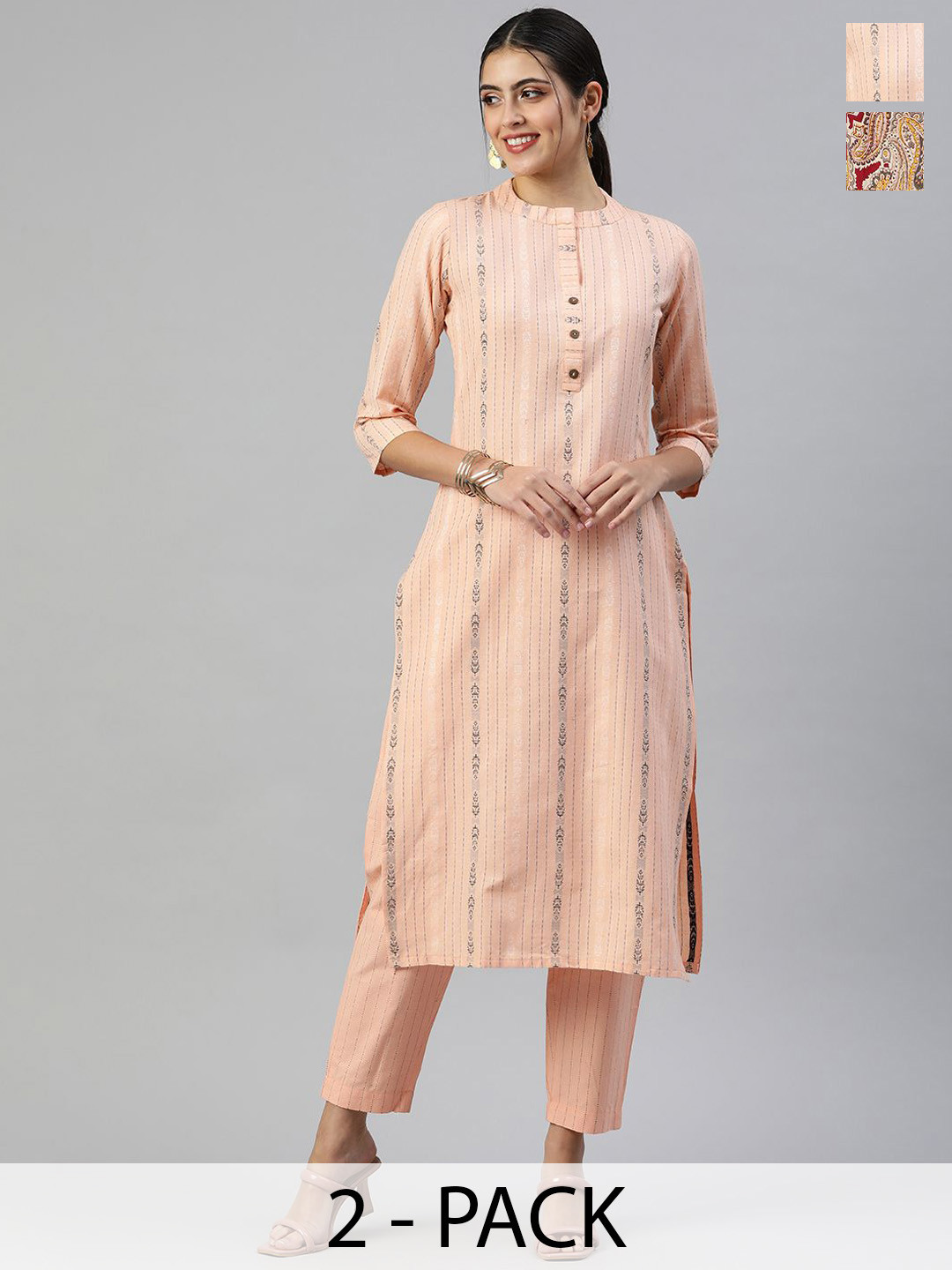 

KALINI Selection Of 2 Striped Woven Design Mandarin Collar Straight Kurta With Trousers, White