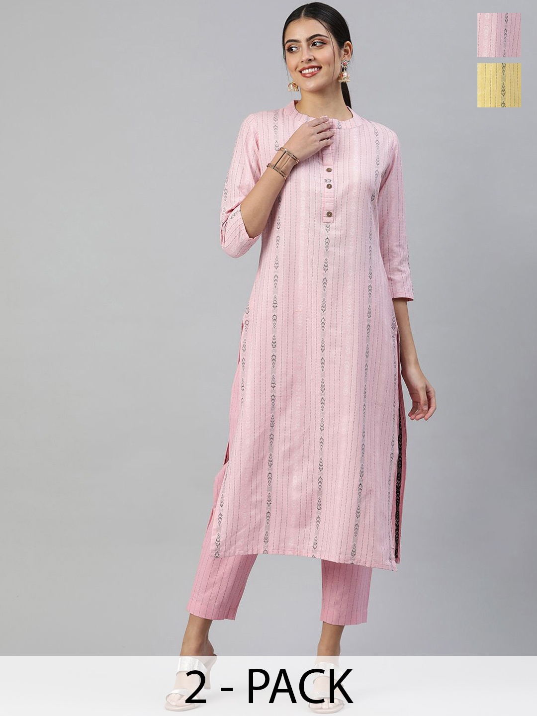 

KALINI Selection of 2 Ethnic Motifs Printed Mandarin Collar Straight Kurtas With Trousers, Pink