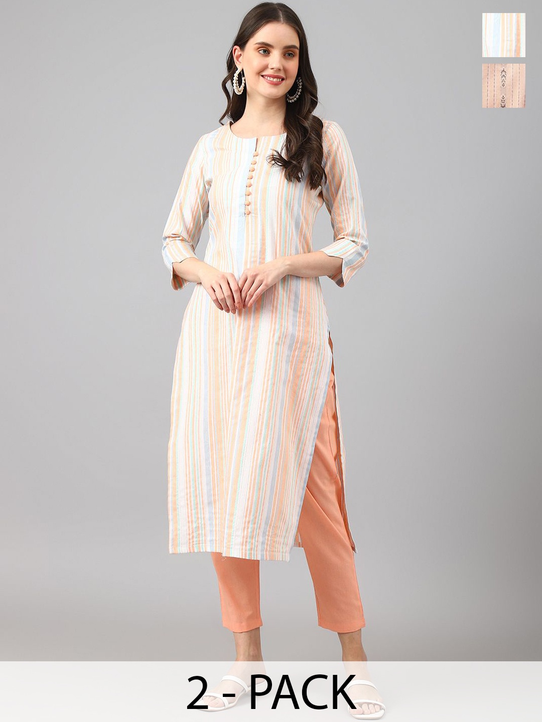 

KALINI Selection Of 2 Striped Notch Neck Straight Kurta With Trousers, White