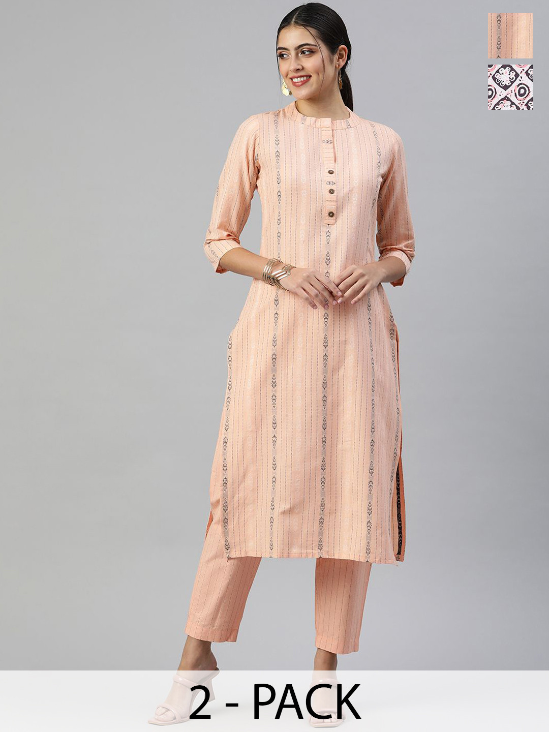 

KALINI Selection Of 2 Striped Woven Design Mandarin Collar Straight Kurtas, Peach