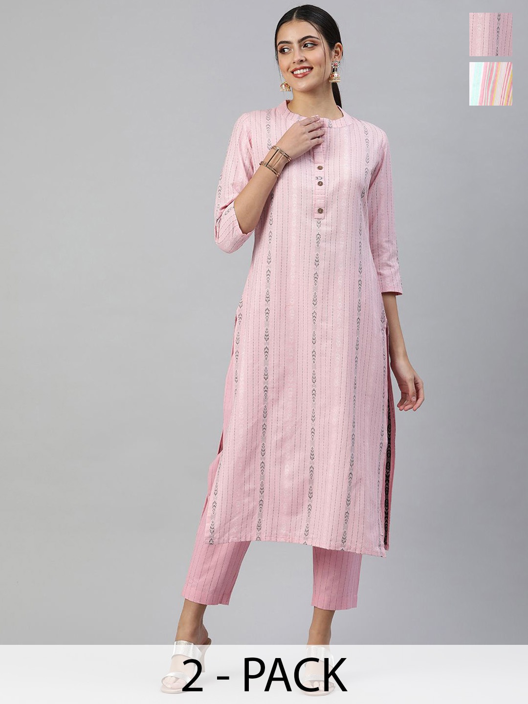

KALINI Selection of 2 Striped Mandarin Collar Straight Kurta With Trousers, Peach