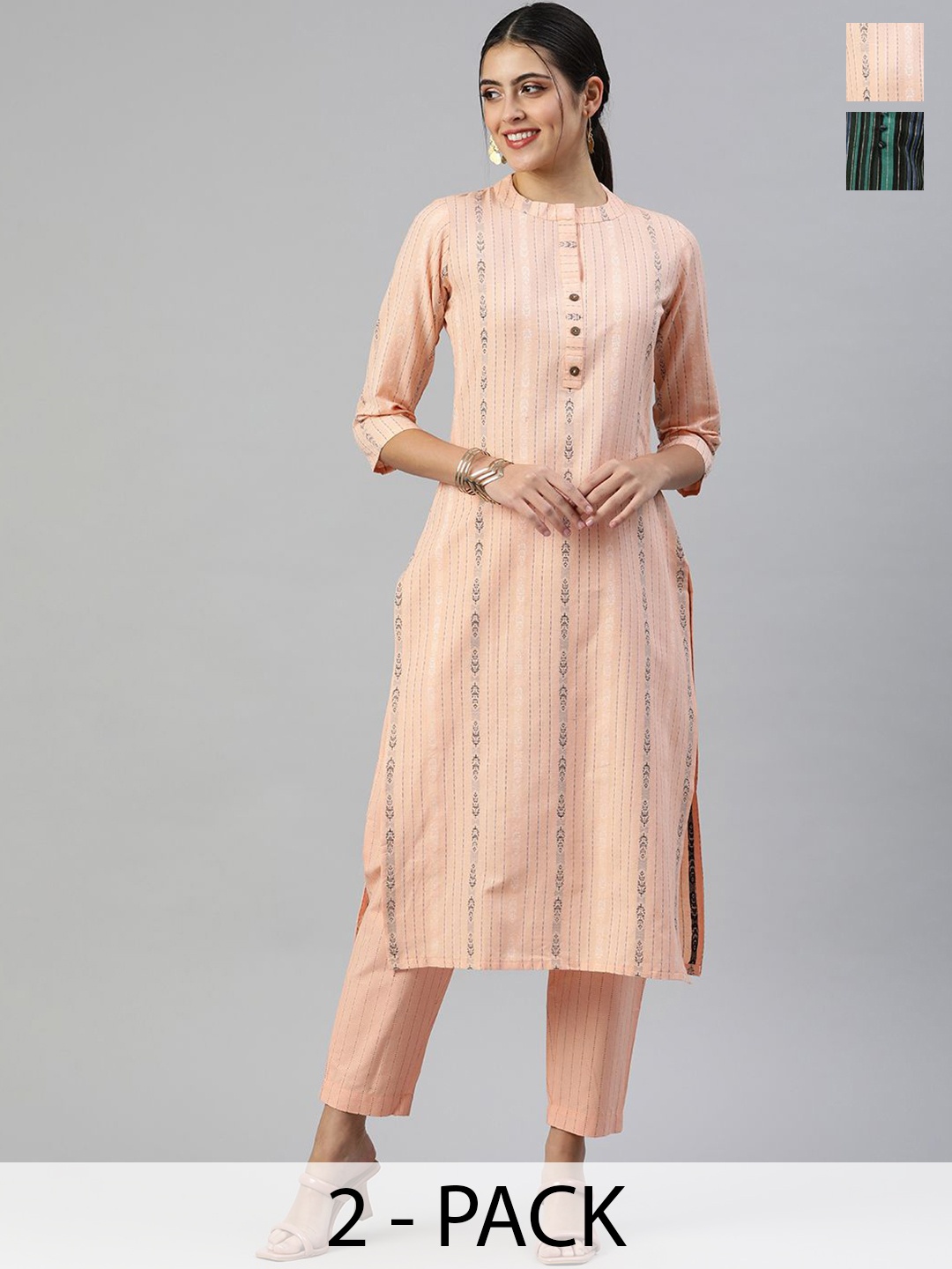 

KALINI Selection of 2 Striped Mandarin Collar Straight Kurta With Trousers, Peach