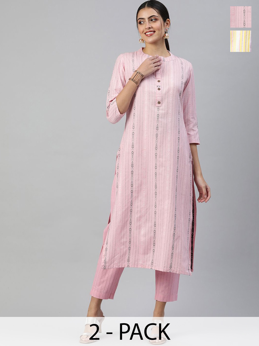 

KALINI Selection Of 2 Striped Woven Design Mandarin Collar Straight Kurta With Trousers, Pink