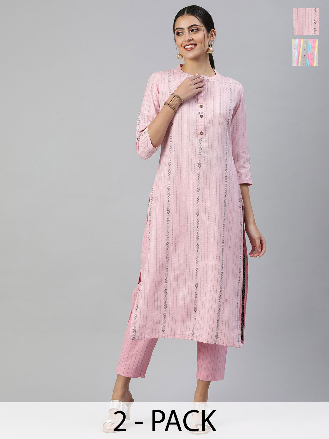 

KALINI Selection Of 2 Striped Woven Design Mandarin Collar Kurta With Trousers, Pink