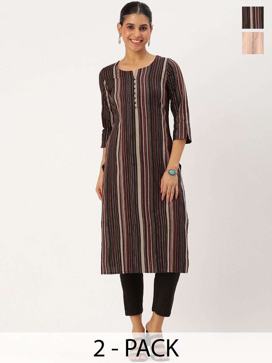 

KALINI Selection of 2 Striped Notch-Neck Straight Kurta With Trousers, Maroon