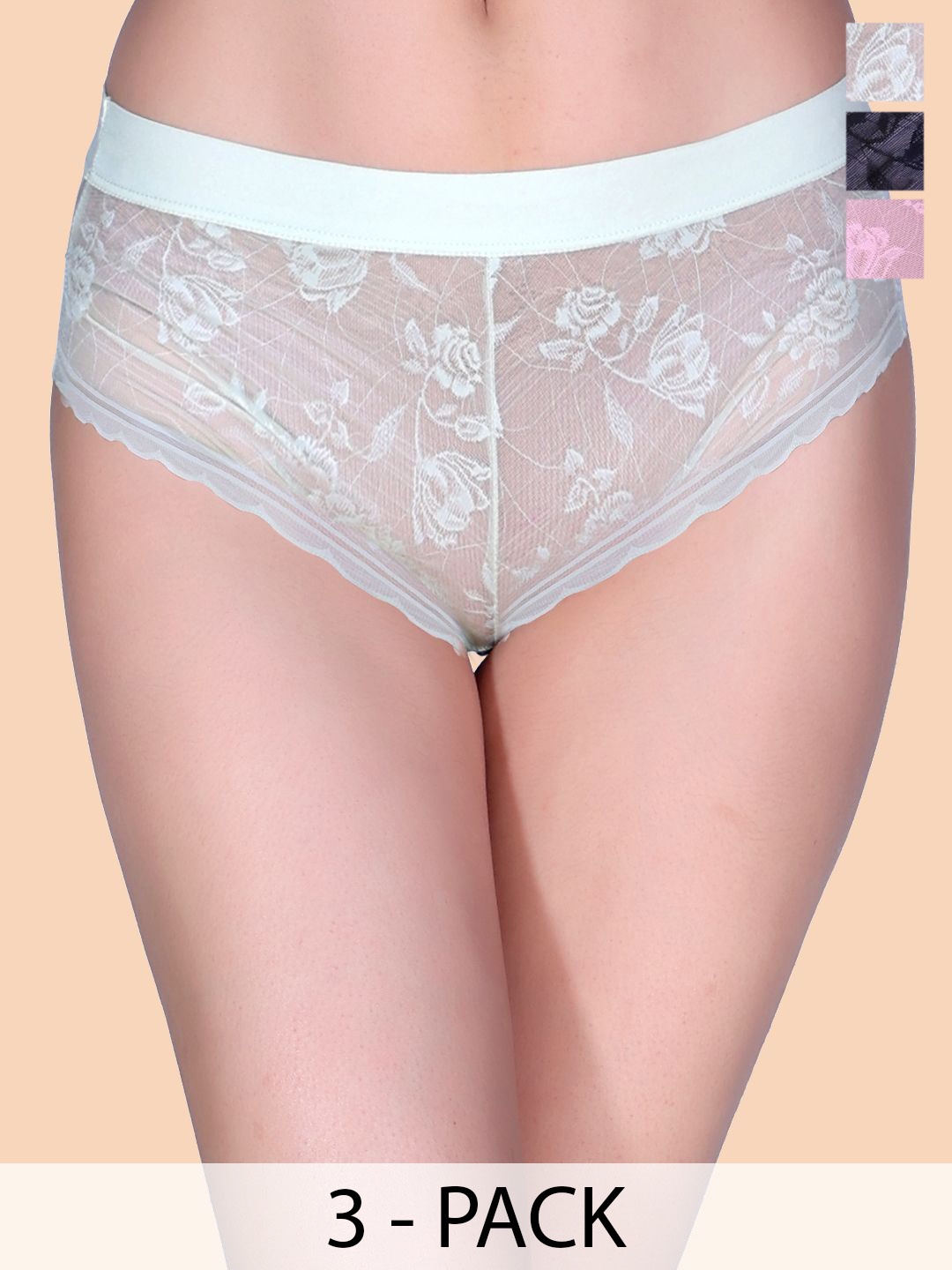 

Amour Secret Pack Of 3 Mid Rise Floral Net Hipster Briefs P86146_Blk_Crl_Hna_M, Black