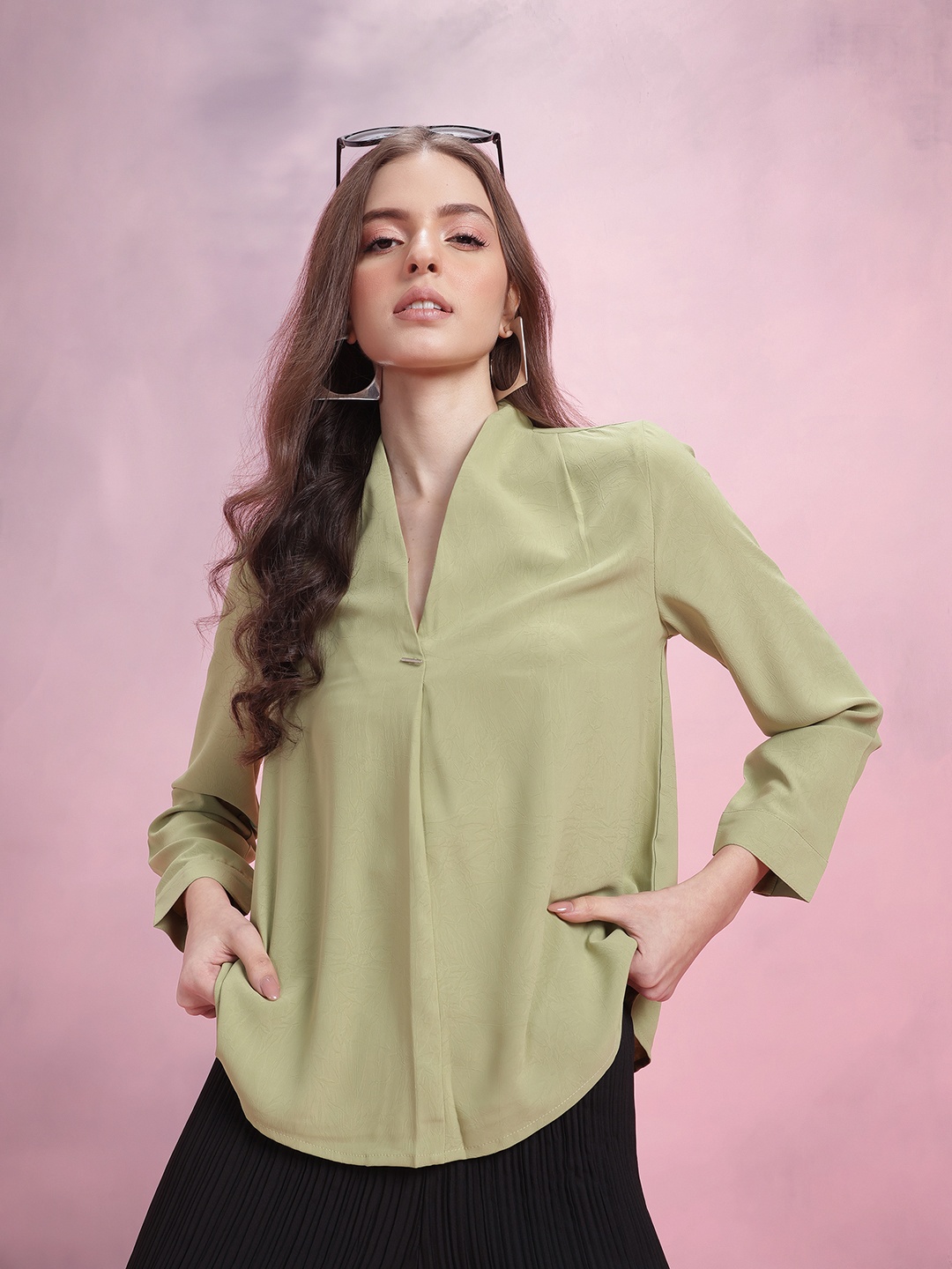 

DressBerry Solid Top with Pleated Detail, Lime green