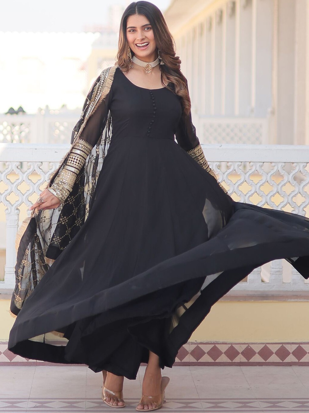 

Wedani Empire Georgette Anarkali Kurta With Trousers And Dupatta, Black