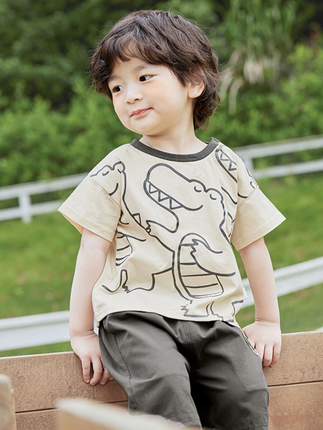 

LULU & SKY Boys Graphic Printed Round Neck Cotton T-shirt, Beige