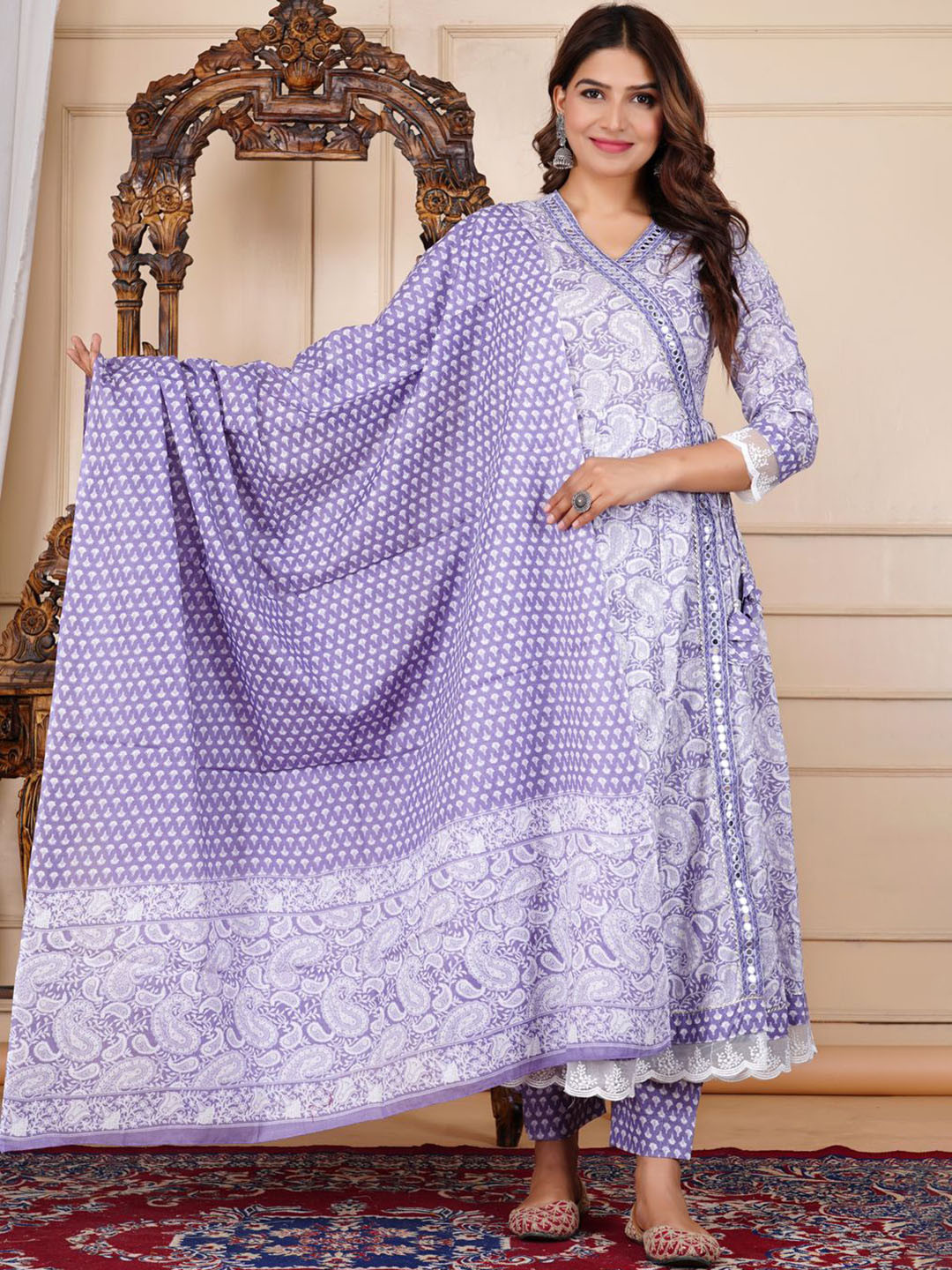

k d fab Floral Printed Mirror Work Angrakha Pure Cotton Kurta With Trousers And Dupatta, Blue