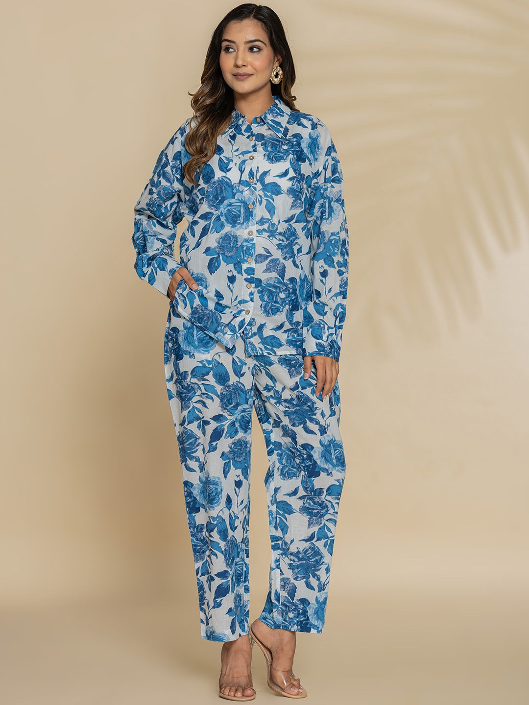 

Eco Clothing Floral Printed Long Sleeves Pure Cotton Shirt & Trousers, Blue