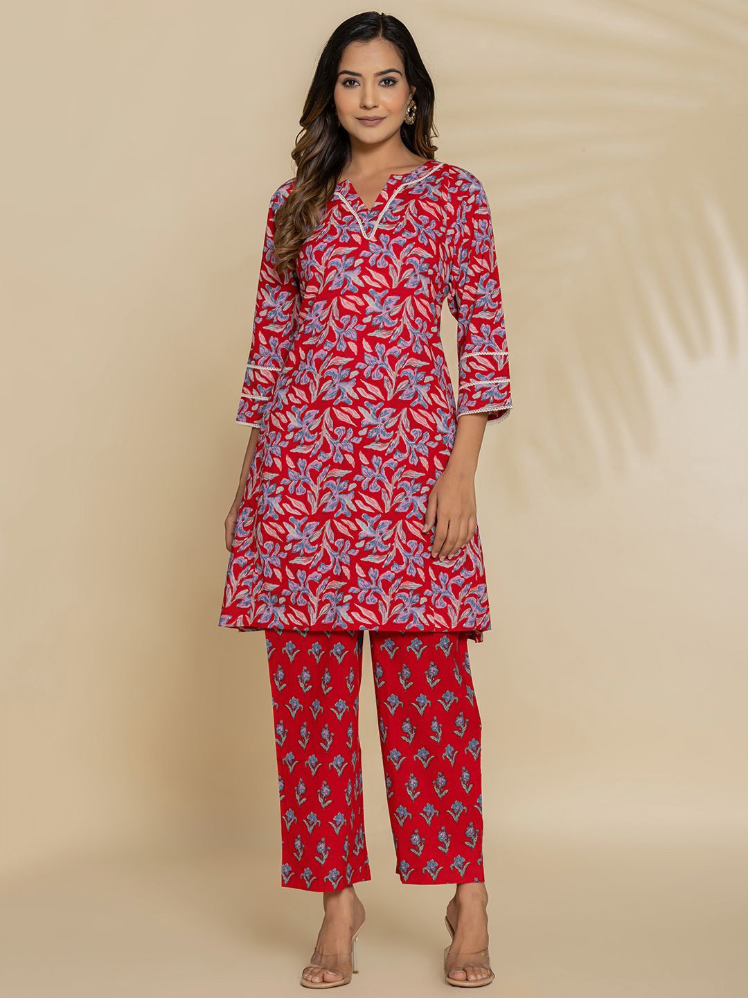 

Eco Clothing Printed Notch Neck Pure Cotton Tunic With Trouser, Red