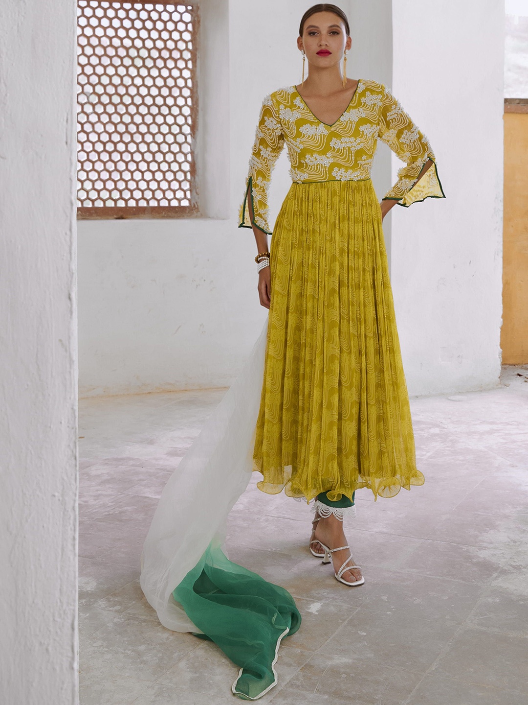 

Pallavi Jaipur Floral Printed Silk Chiffon Anarkali Kurta With Trousers & Dupatta, Lime green