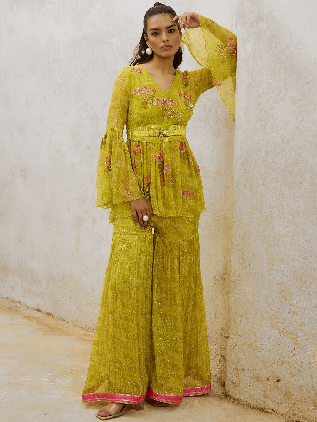 

Pallavi Jaipur Floral Printed Silk Chiffon Sequinned V-Neck A-Line Kurta With Sharara, Lime green