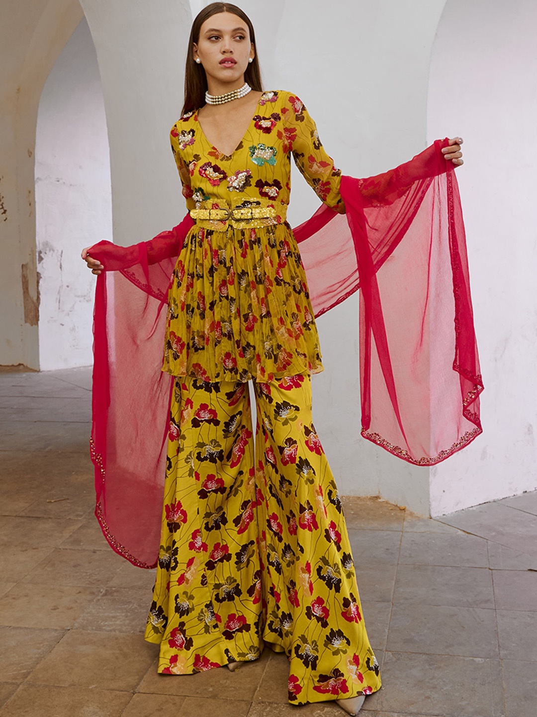 

Pallavi Jaipur Floral Printed Silk Chiffon Sequinned A-Line Kurta With Palazzos & Dupatta, Lime green