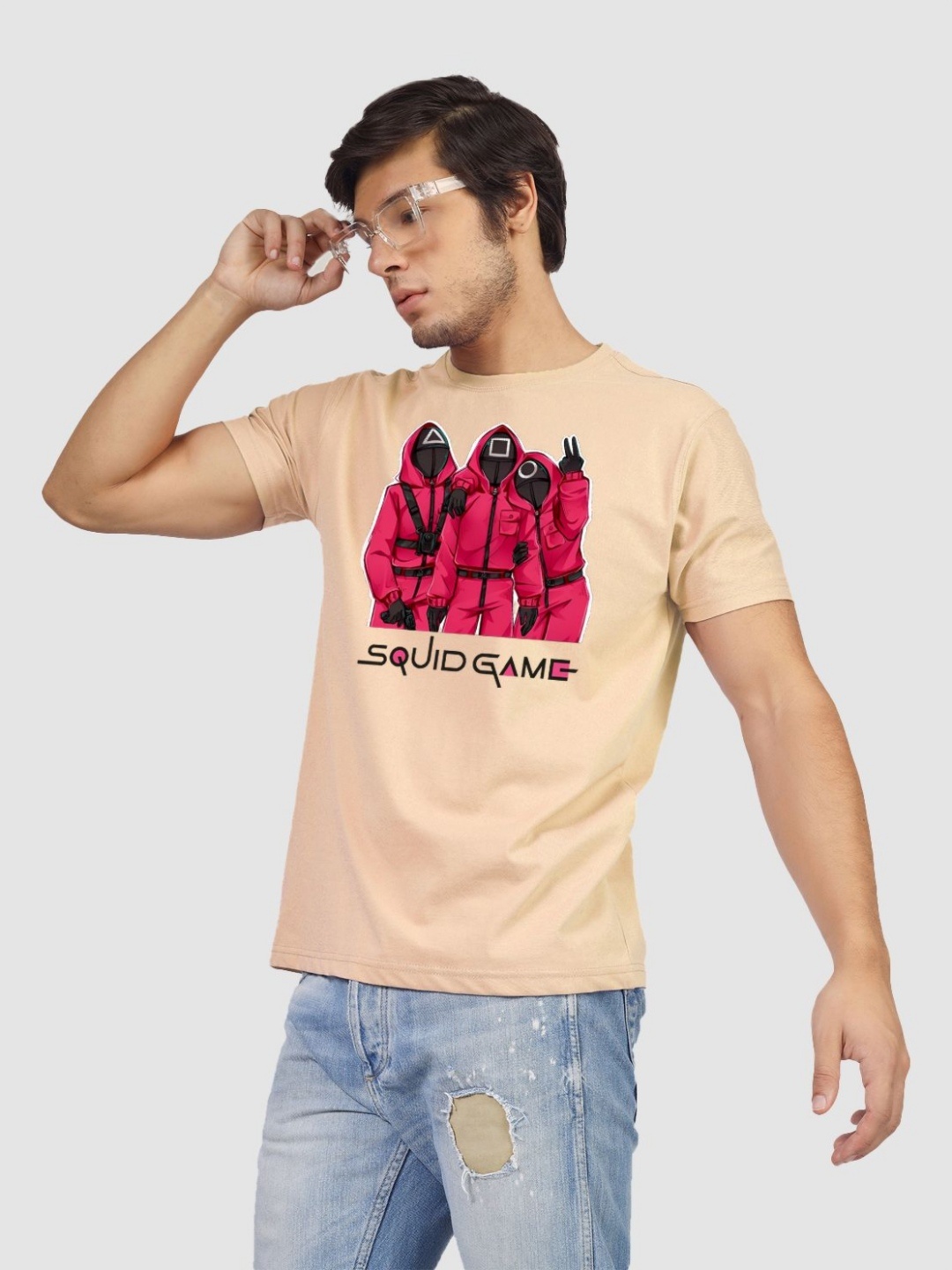 

Greylongg Men Graphic Printed Round Neck Cotton T-shirt, Beige