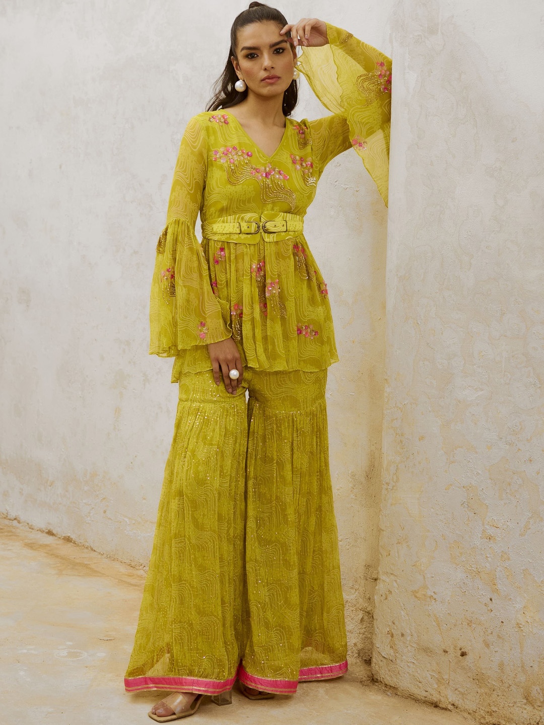 

Pallavi Jaipur Floral Printed Silk Chiffon Sequinned V-Neck A-Line Kurta With Sharara, Lime green